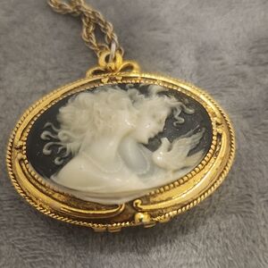 Elegant Gold and Black Cameo Pendant Necklace..corday Vintage Cream Perfume